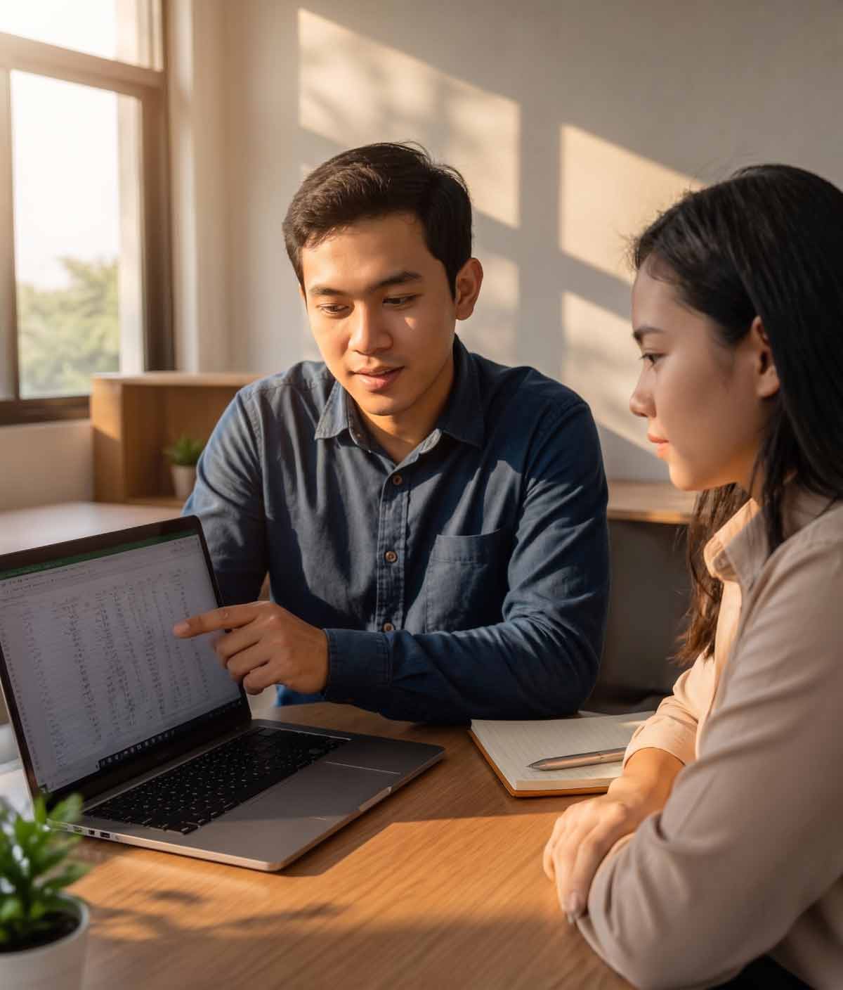 Mentor Excellent Malang mendampingi satu peserta belajar Excel di laptop
